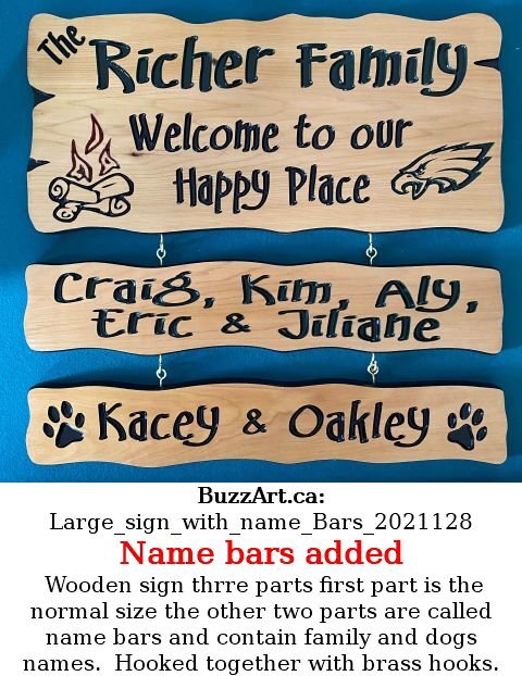 Wooden sign thrre parts first part is the normal size the other two parts are called name bars and contain family and dogs names.  Hooked together with brass hooks.
